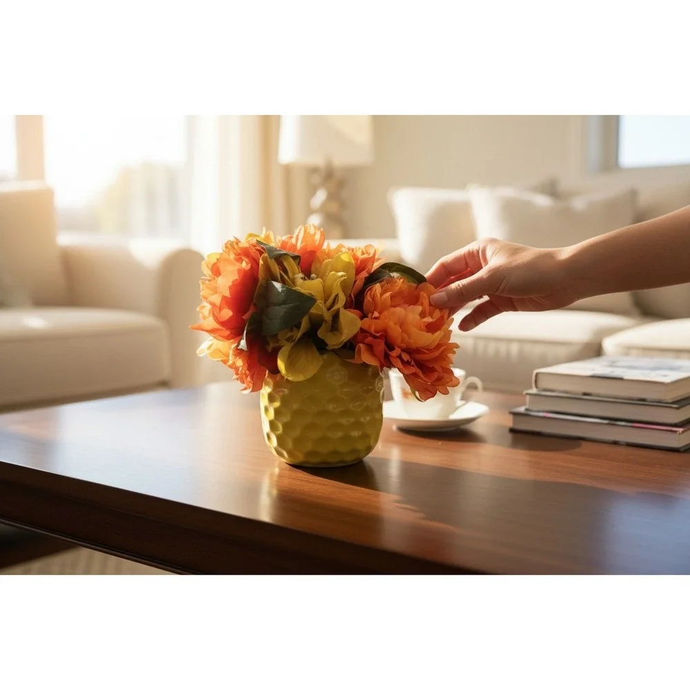 Faux Floral Arrangement Small Orange Yellow NWOT Honeycomb Vase